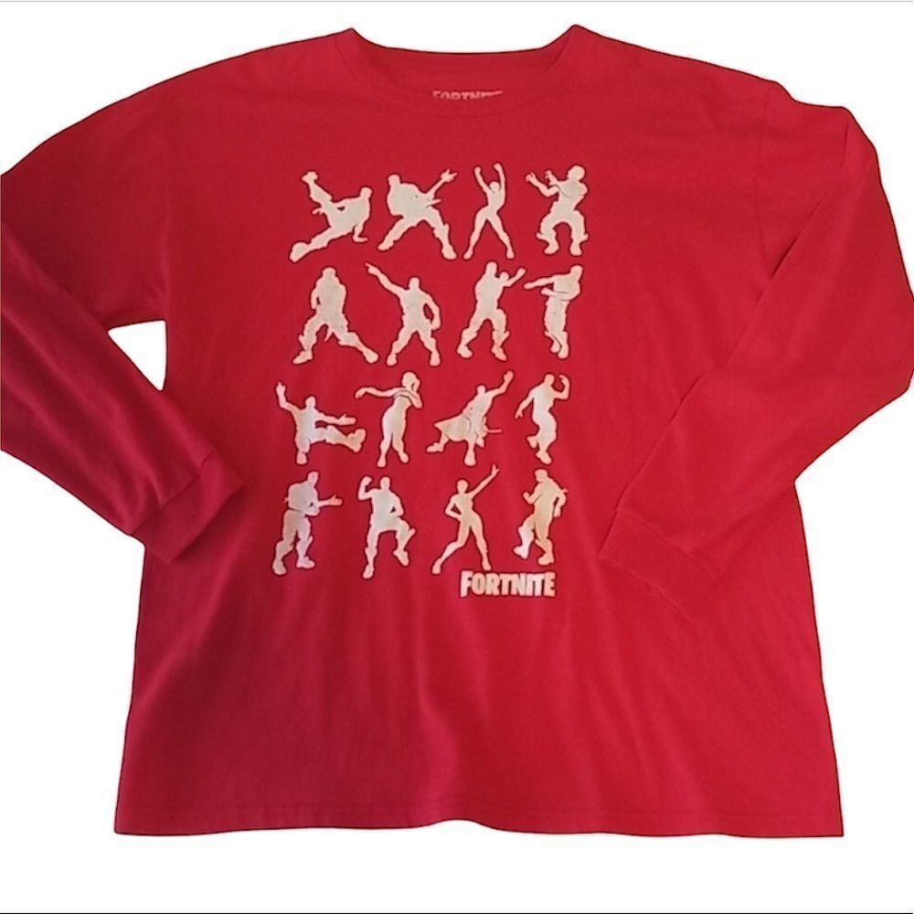 Boys’ Red Fortnite Long Sleeve Shirt Dances & Emotes sz XL